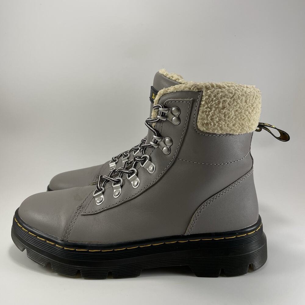 Dr. Martens Doc W FL Combs Faux Fur Combat Boots Womens Size 8 Gray Leather - Picture 3 of 11
